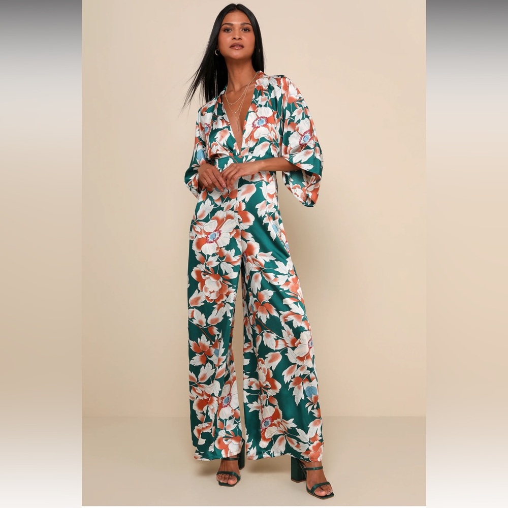 Lulus From Sunrise Teal Floral Print Wide-Leg Jumpsuit Size Medium